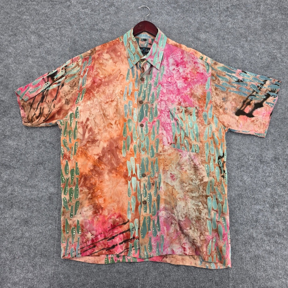 Java Lava Mens Large Fish Batik Tie Dye Rayon Hawaiian Button Up Shirt Pink Teal